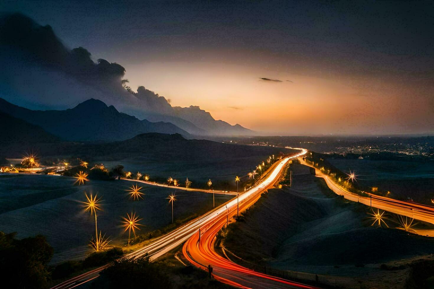 une longue exposition photo de une route à crépuscule. généré par ai