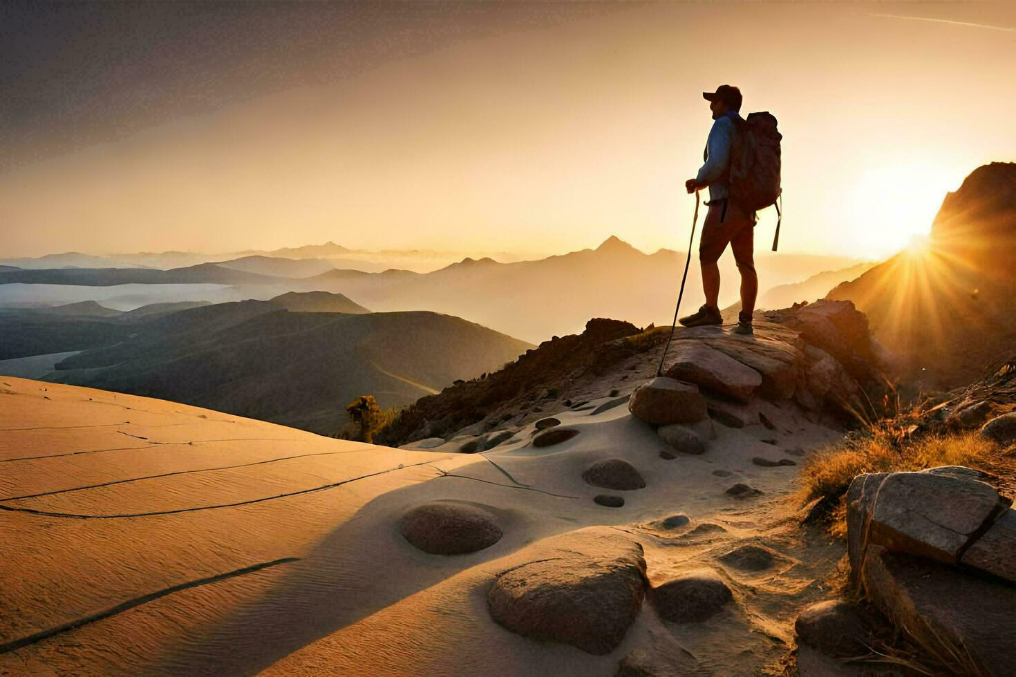 une promeneur des stands sur une Montagne Haut à le coucher du soleil. généré par ai photo