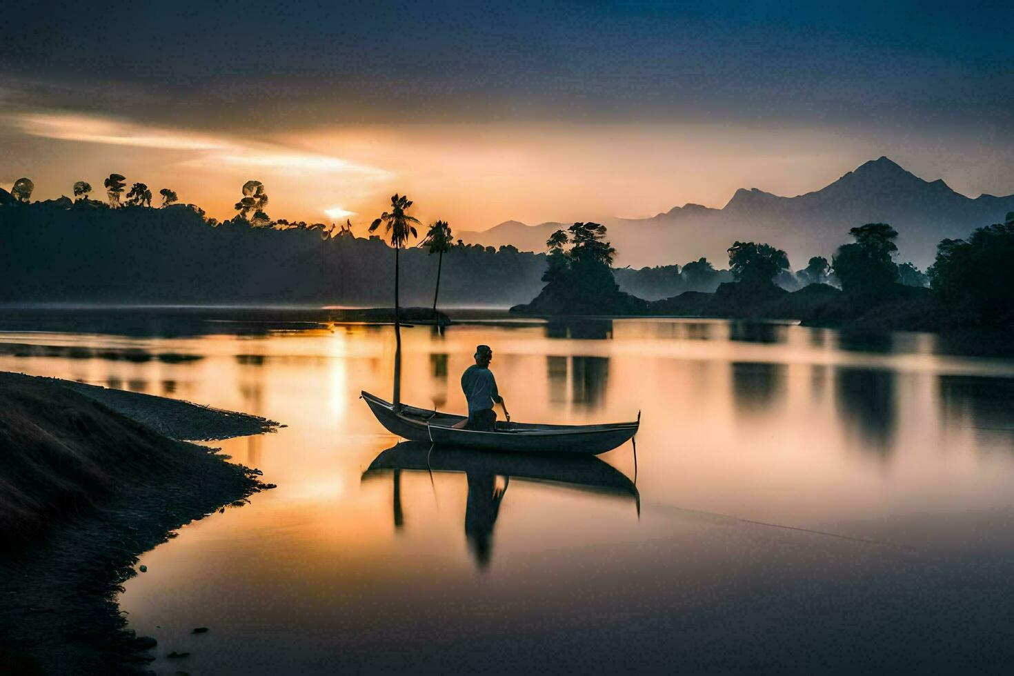 le homme est permanent sur le bateau dans le milieu de le rivière. généré par ai photo