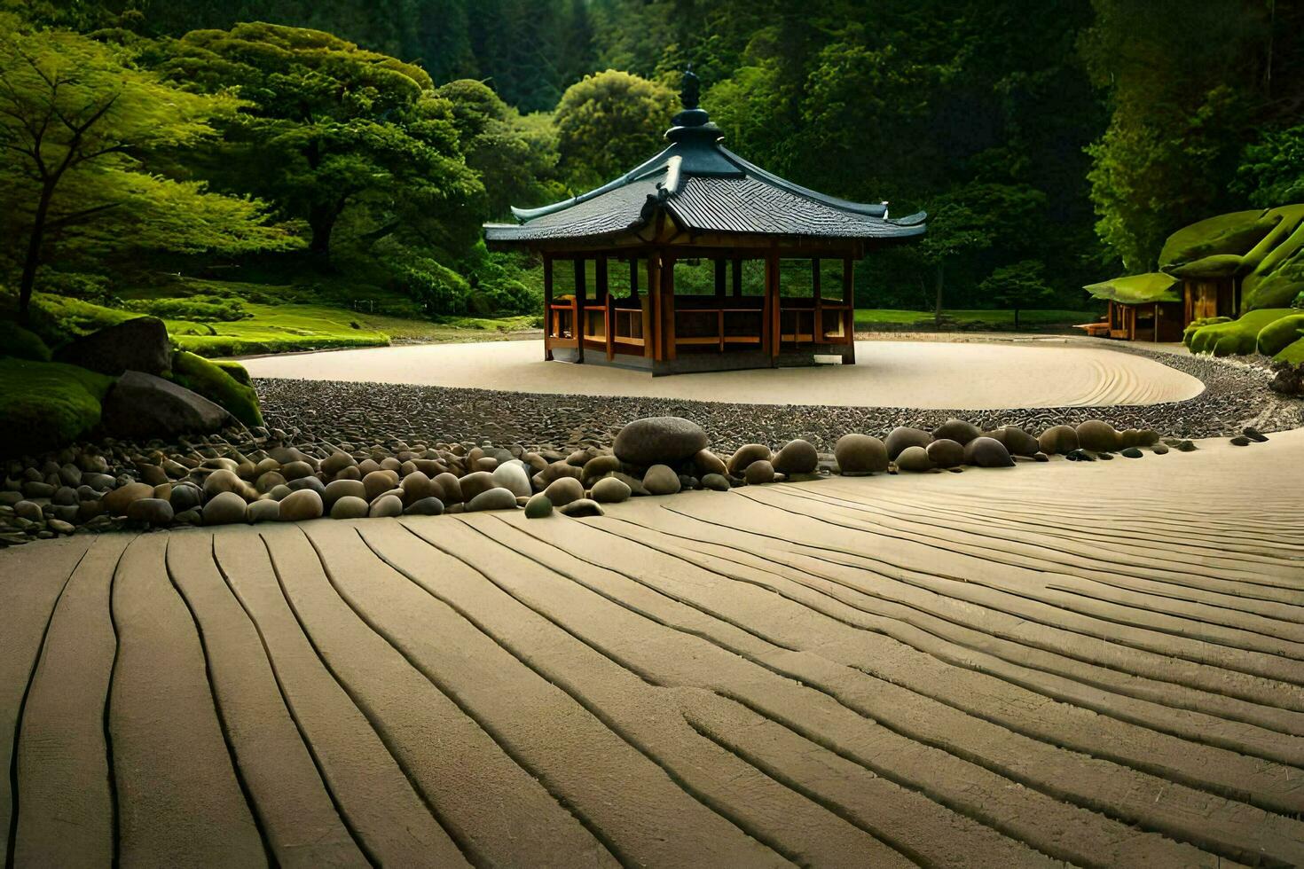 une Japonais jardin avec une pagode et rochers. généré par ai photo