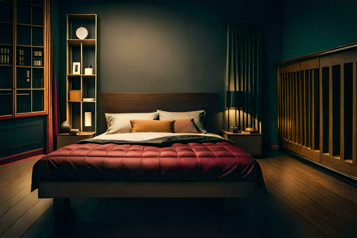 une chambre avec une lit et une la table de nuit. généré par ai photo
