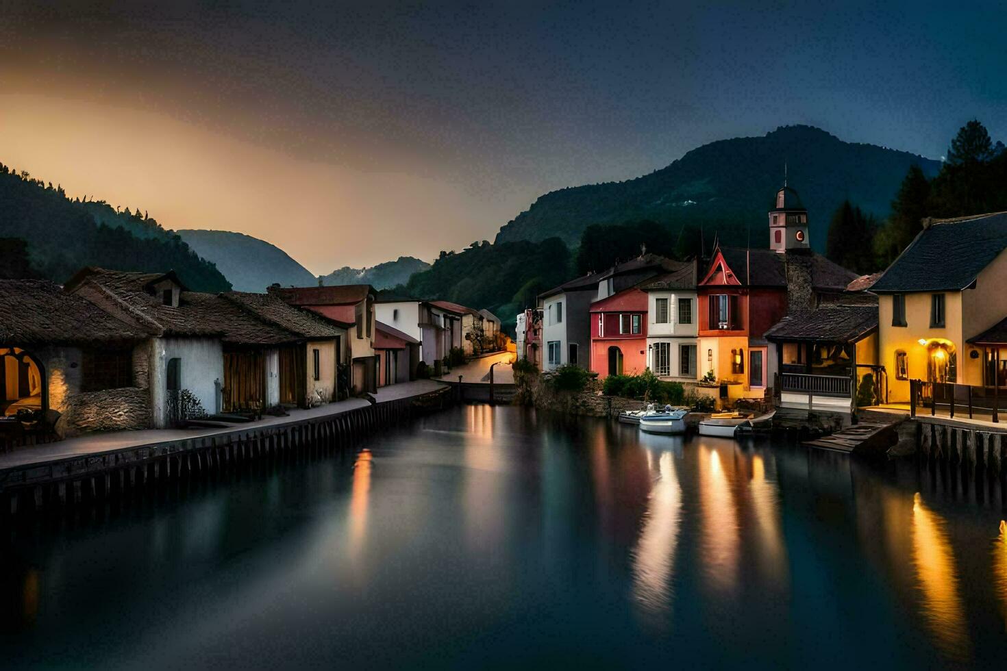 une rivière court par une ville à crépuscule. généré par ai photo