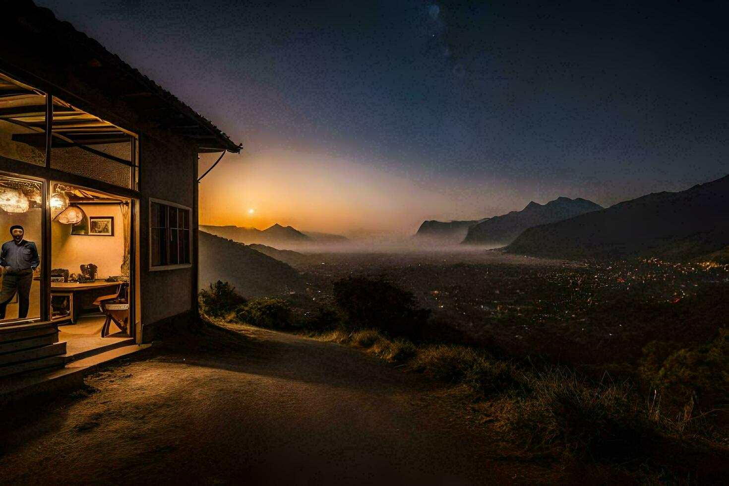 une homme permanent dans de face de une maison à le coucher du soleil. généré par ai photo