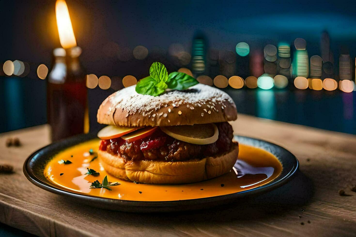 une Hamburger avec sauce et fromage sur une plaque. généré par ai photo