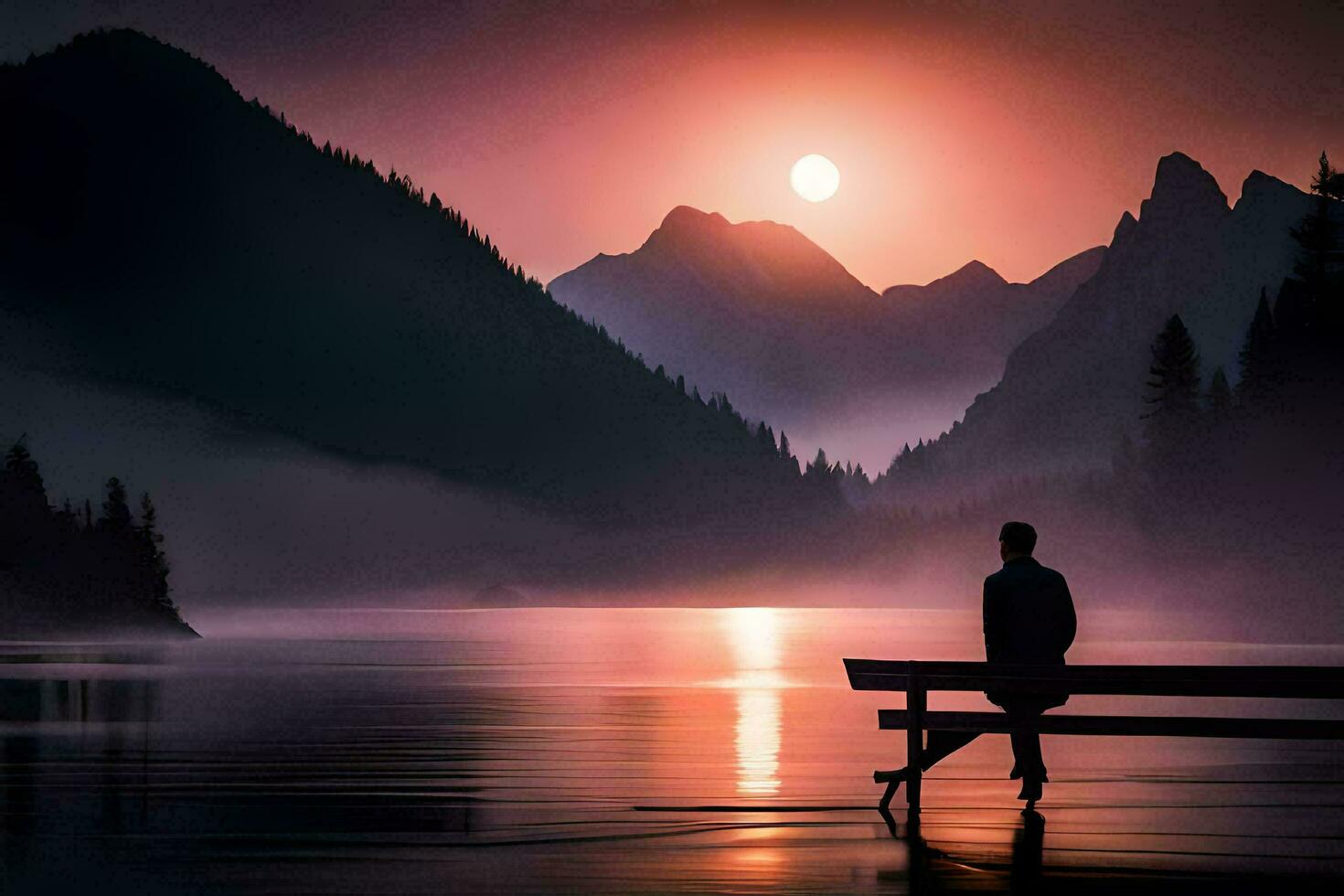 une homme est assis sur une banc surplombant une Lac à le coucher du soleil. généré par ai photo