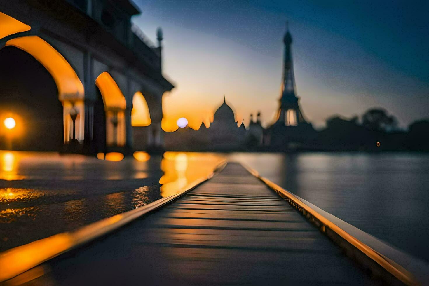 une vue de le Eiffel la tour à le coucher du soleil. généré par ai photo