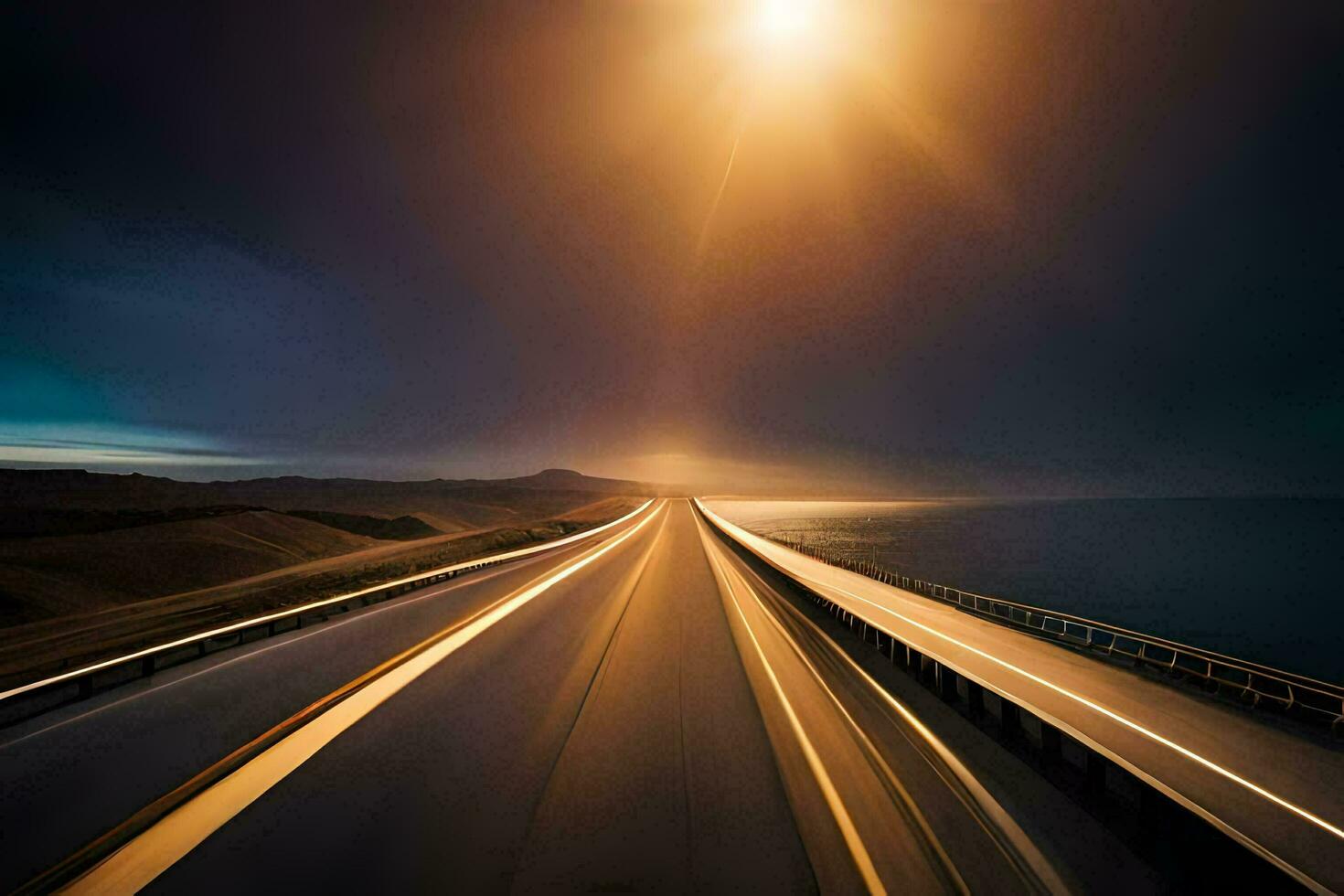 une longue exposition photo de une Autoroute à nuit. généré par ai