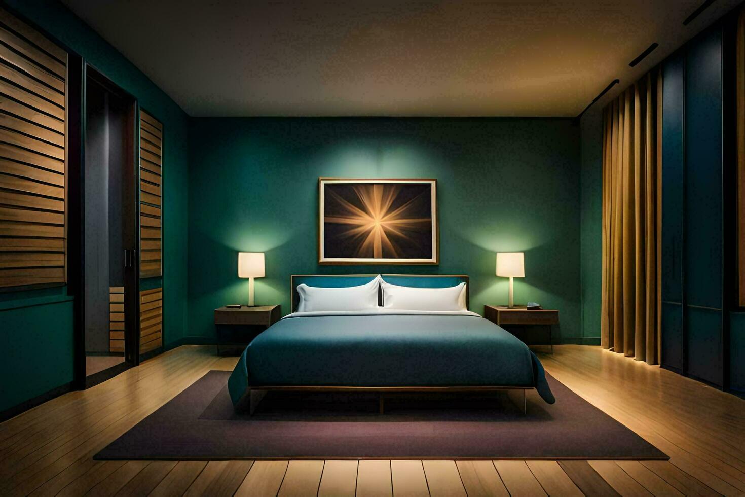 une chambre avec une lit et en bois sol. généré par ai photo
