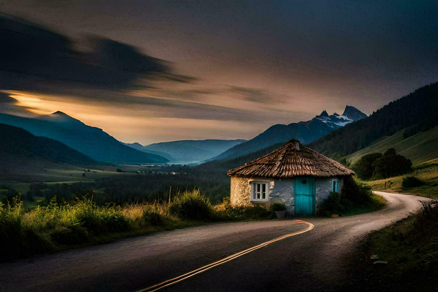 une petit maison sur le côté de une Montagne route. généré par ai photo