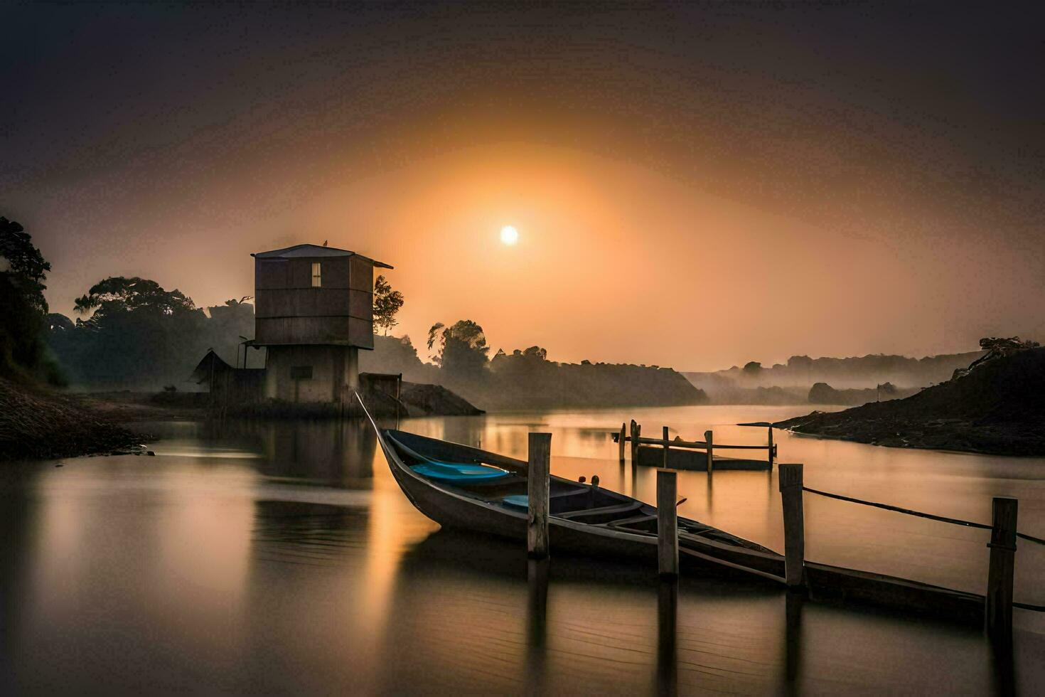 une bateau est assis sur le l'eau à le coucher du soleil. généré par ai photo