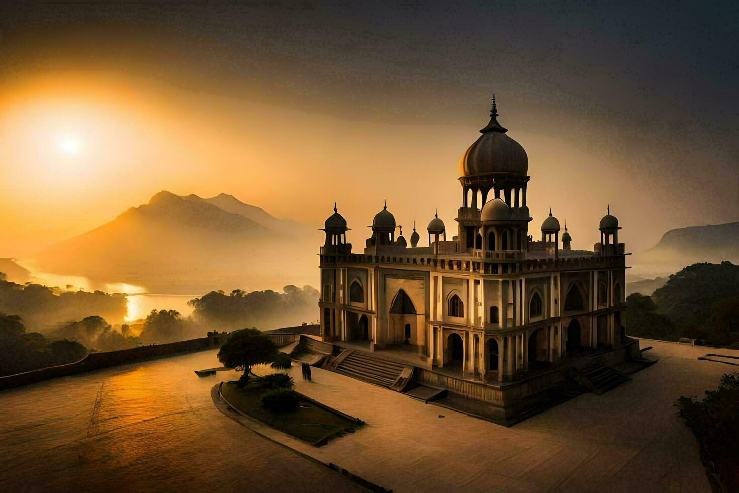 le Soleil monte plus de une magnifique bâtiment. généré par ai photo