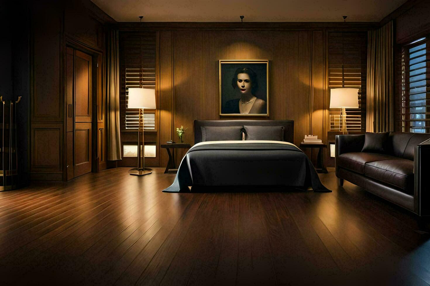 une chambre avec une lit, une lampe et une peinture. généré par ai photo