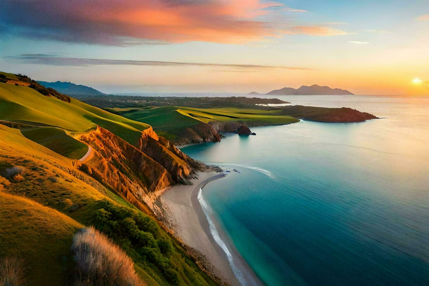 le le coucher du soleil plus de le océan et le collines. généré par ai photo