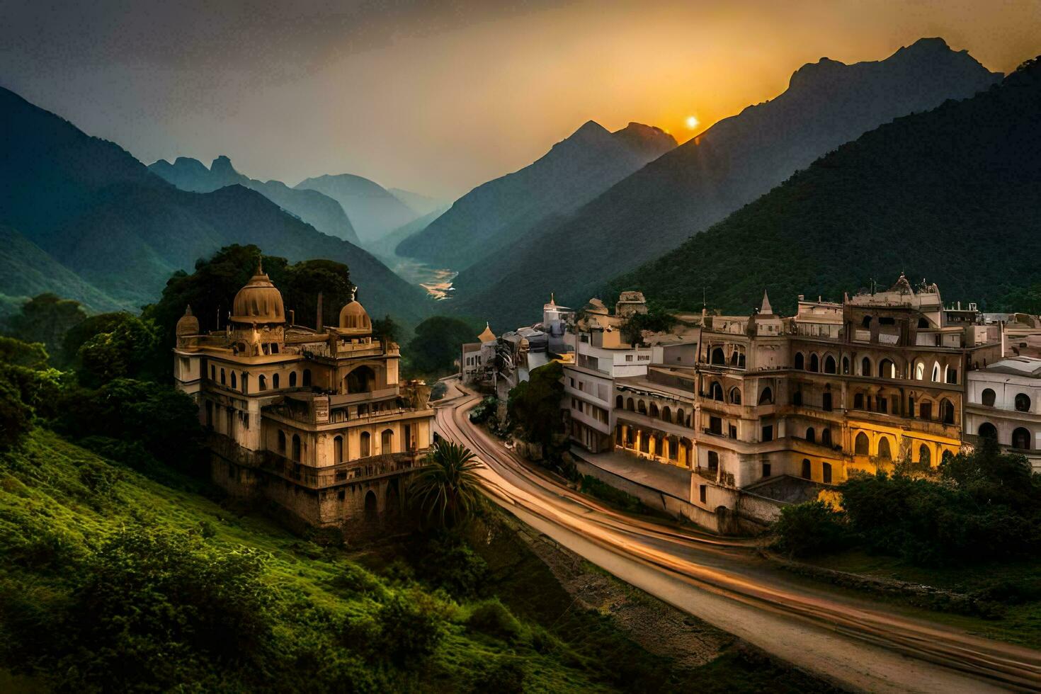 le Soleil ensembles plus de une ville dans Inde. généré par ai photo