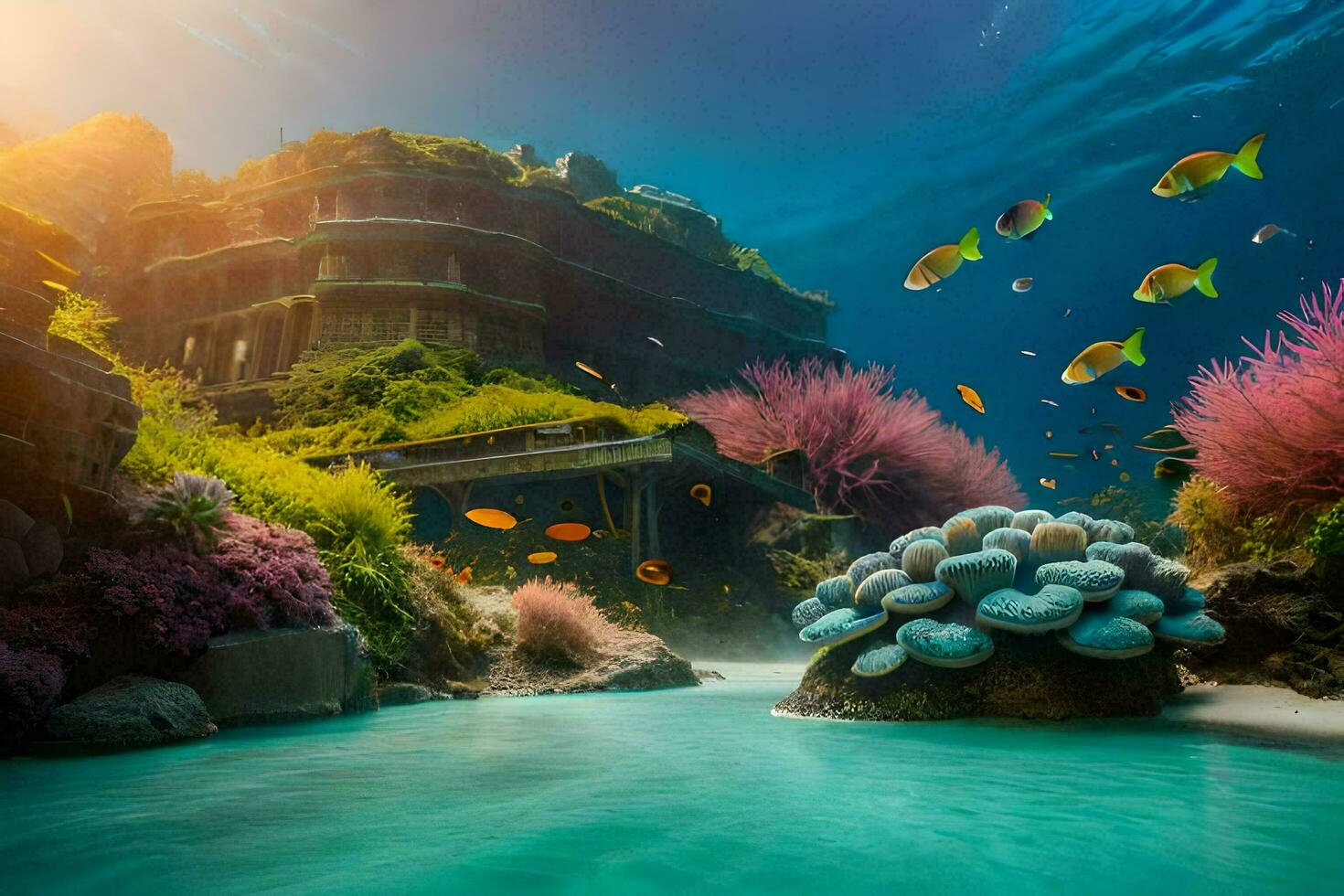 un sous-marin scène avec poisson et corail. généré par ai photo