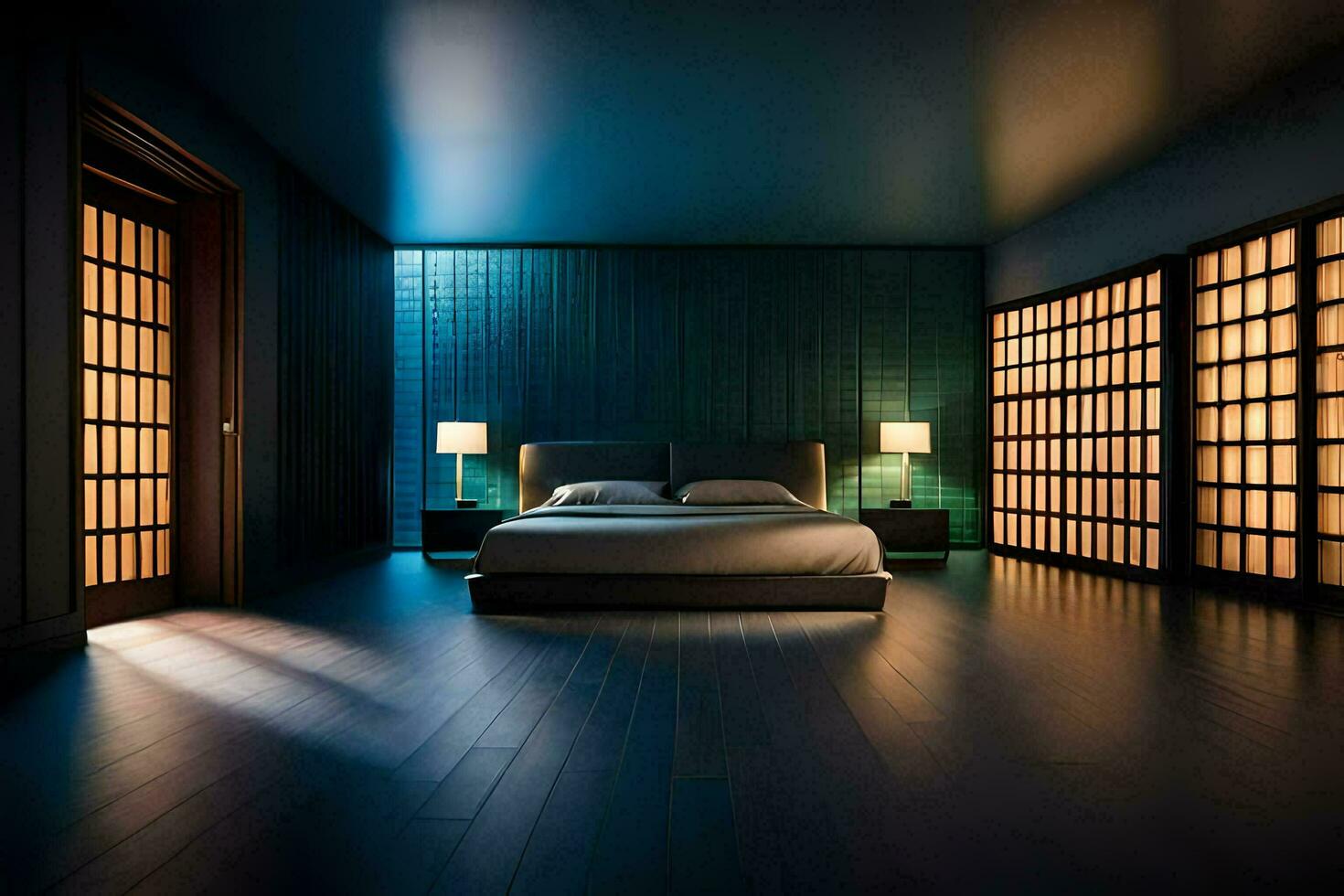 une chambre avec foncé bois planchers et bleu des murs. généré par ai photo