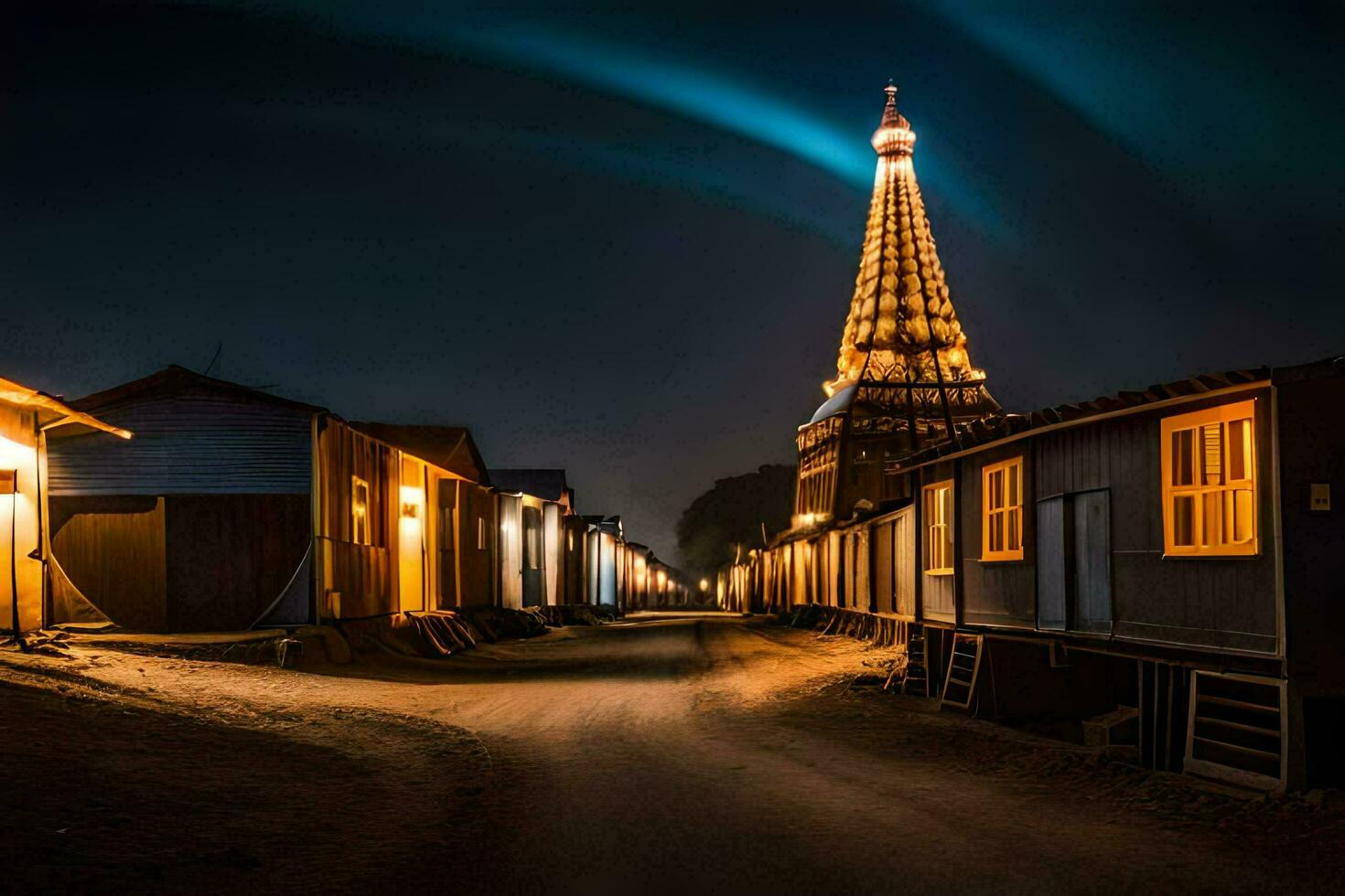 une la tour dans le milieu de une ville à nuit. généré par ai photo