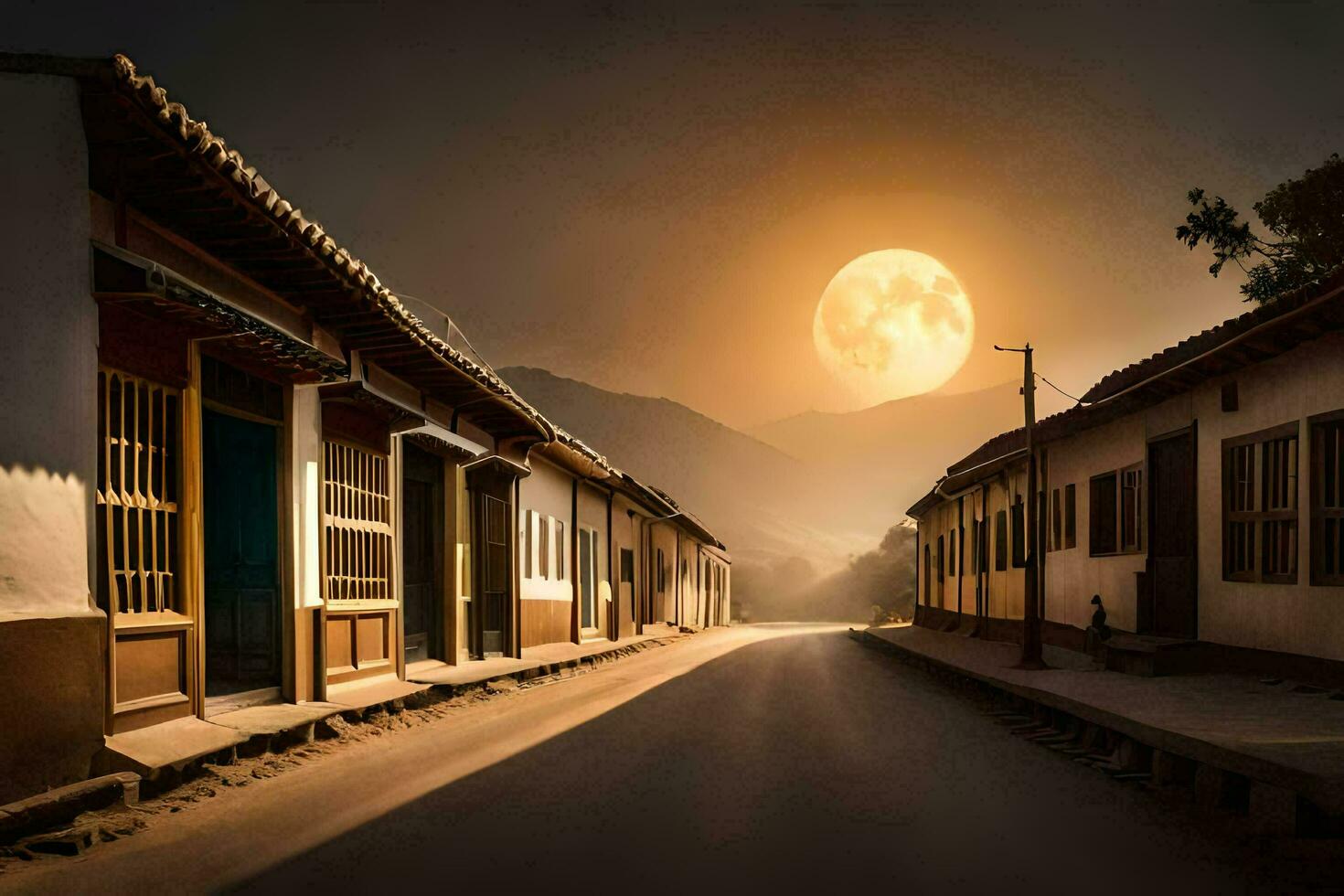 une rue avec Maisons et une plein lune. généré par ai photo