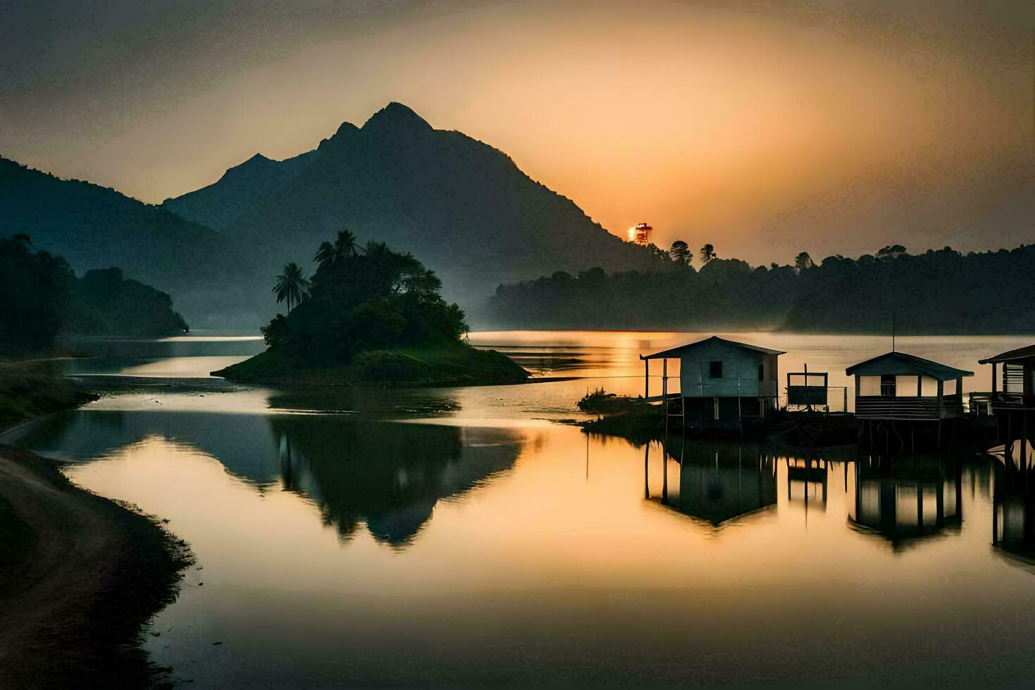 une magnifique lever du soleil plus de une Lac avec Maisons sur le rive. généré par ai photo