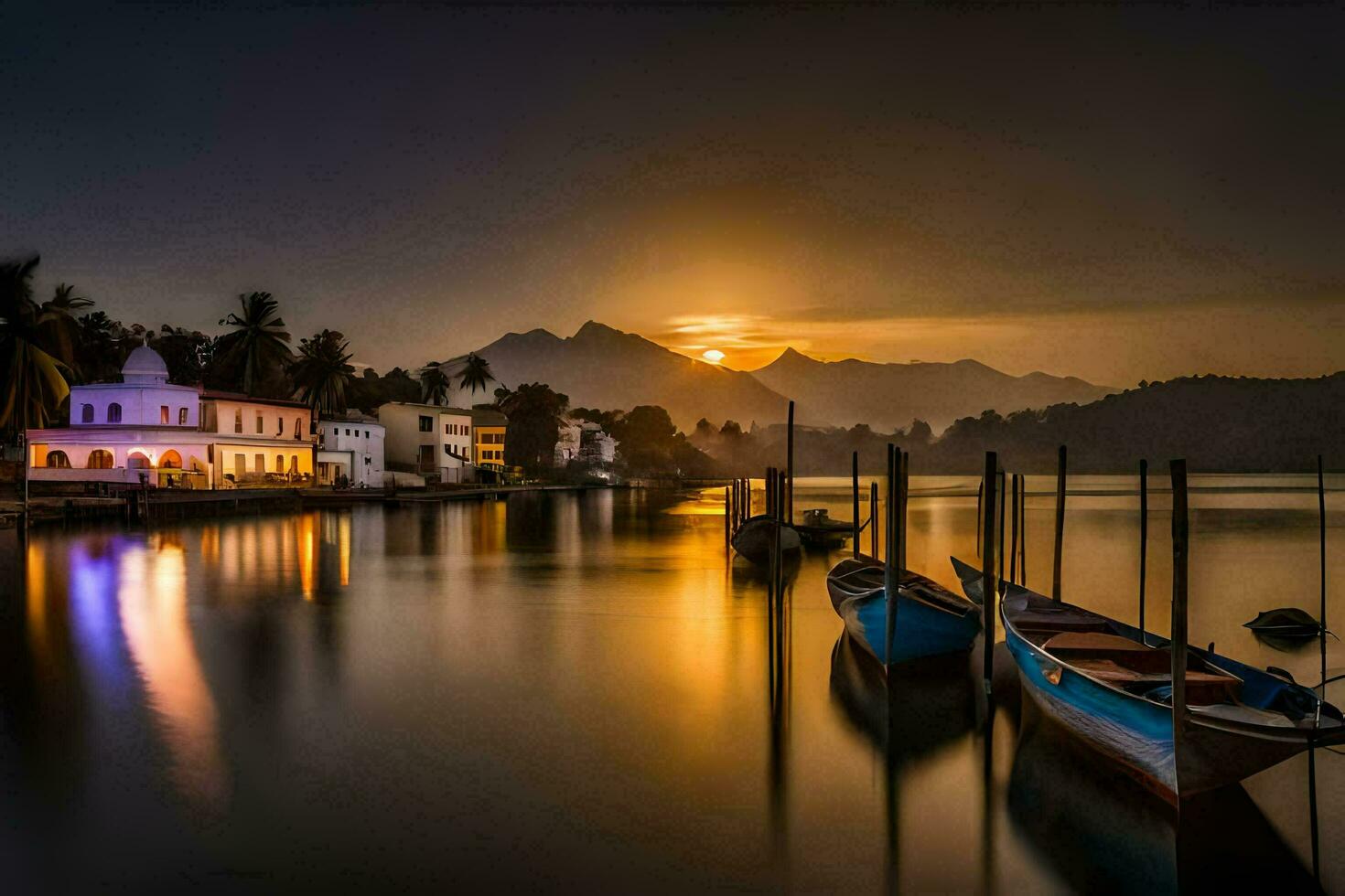 bateaux amarré dans le l'eau à le coucher du soleil avec montagnes dans le Contexte. généré par ai photo