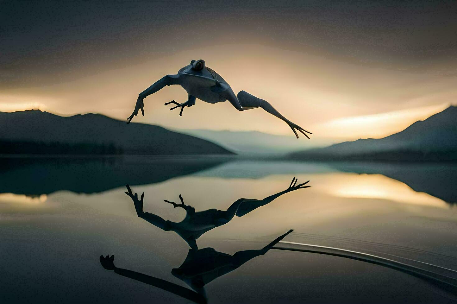 une oiseau est en volant plus de une Lac à le coucher du soleil. généré par ai photo