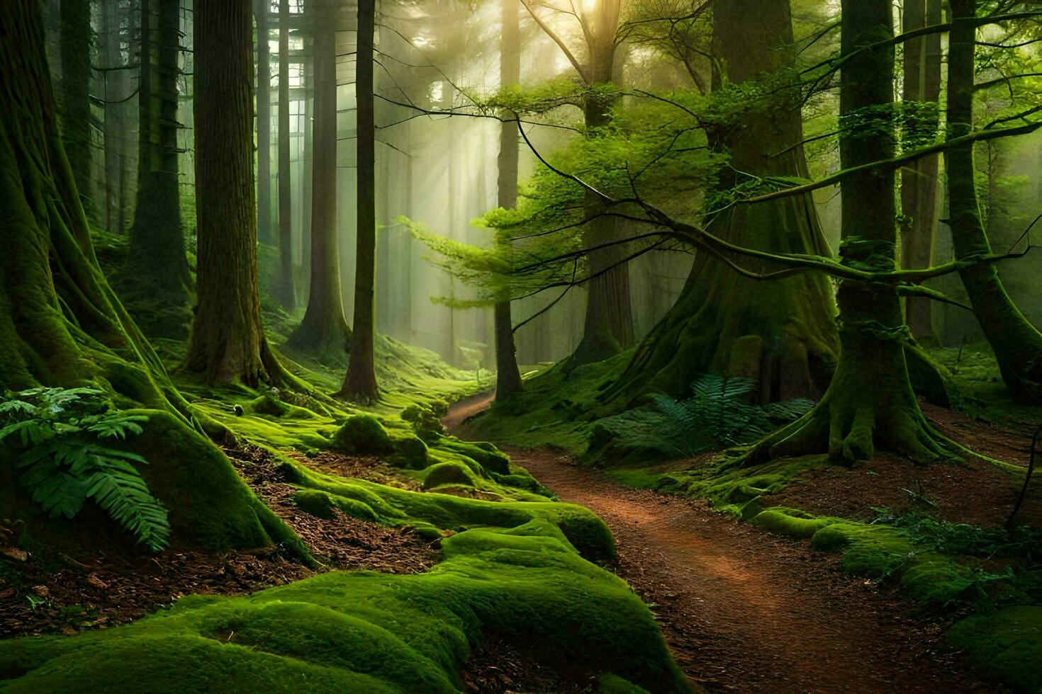 une chemin par une vert forêt avec moussu des arbres. généré par ai photo