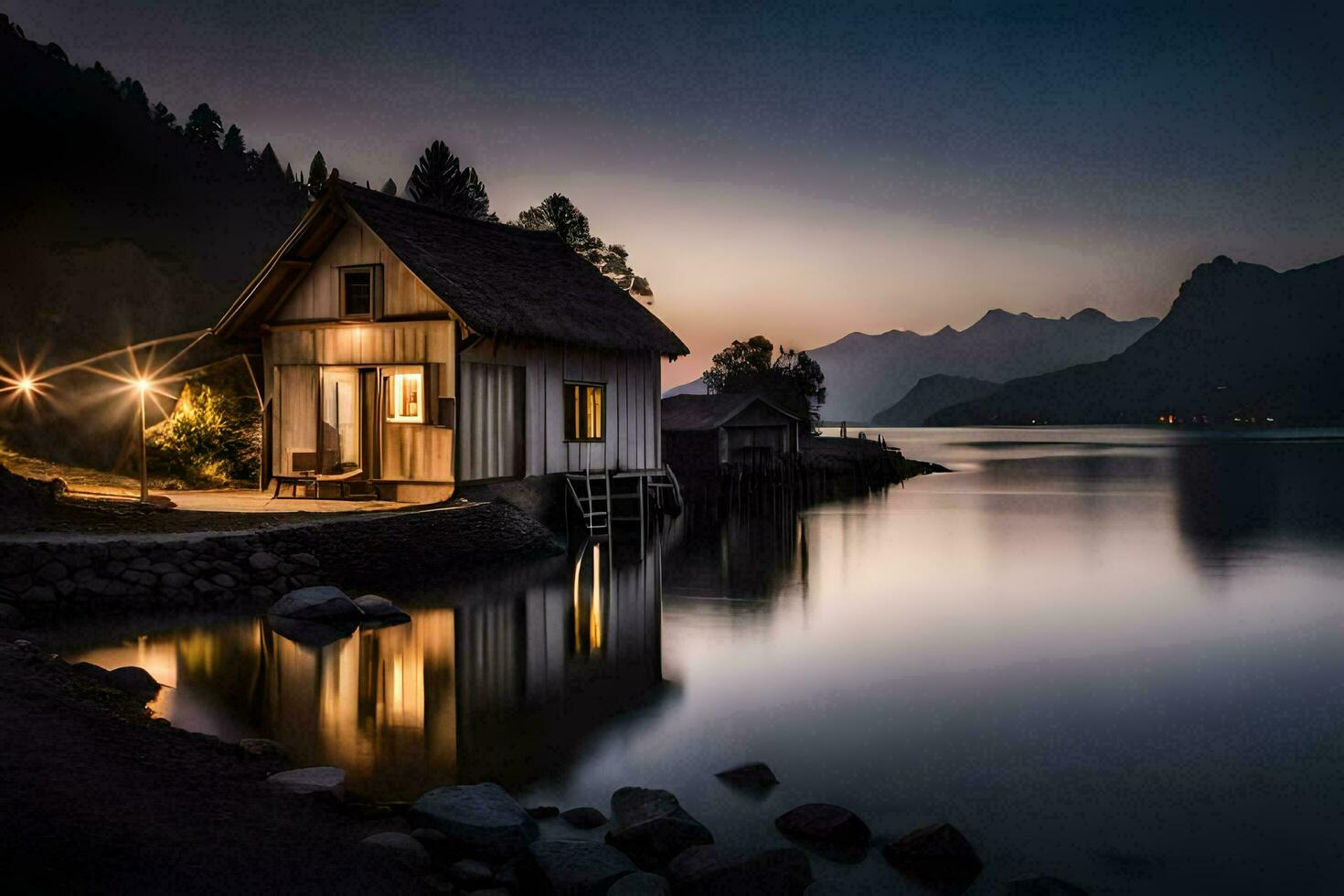 une petit maison est assis sur le rive de une Lac à nuit. généré par ai photo