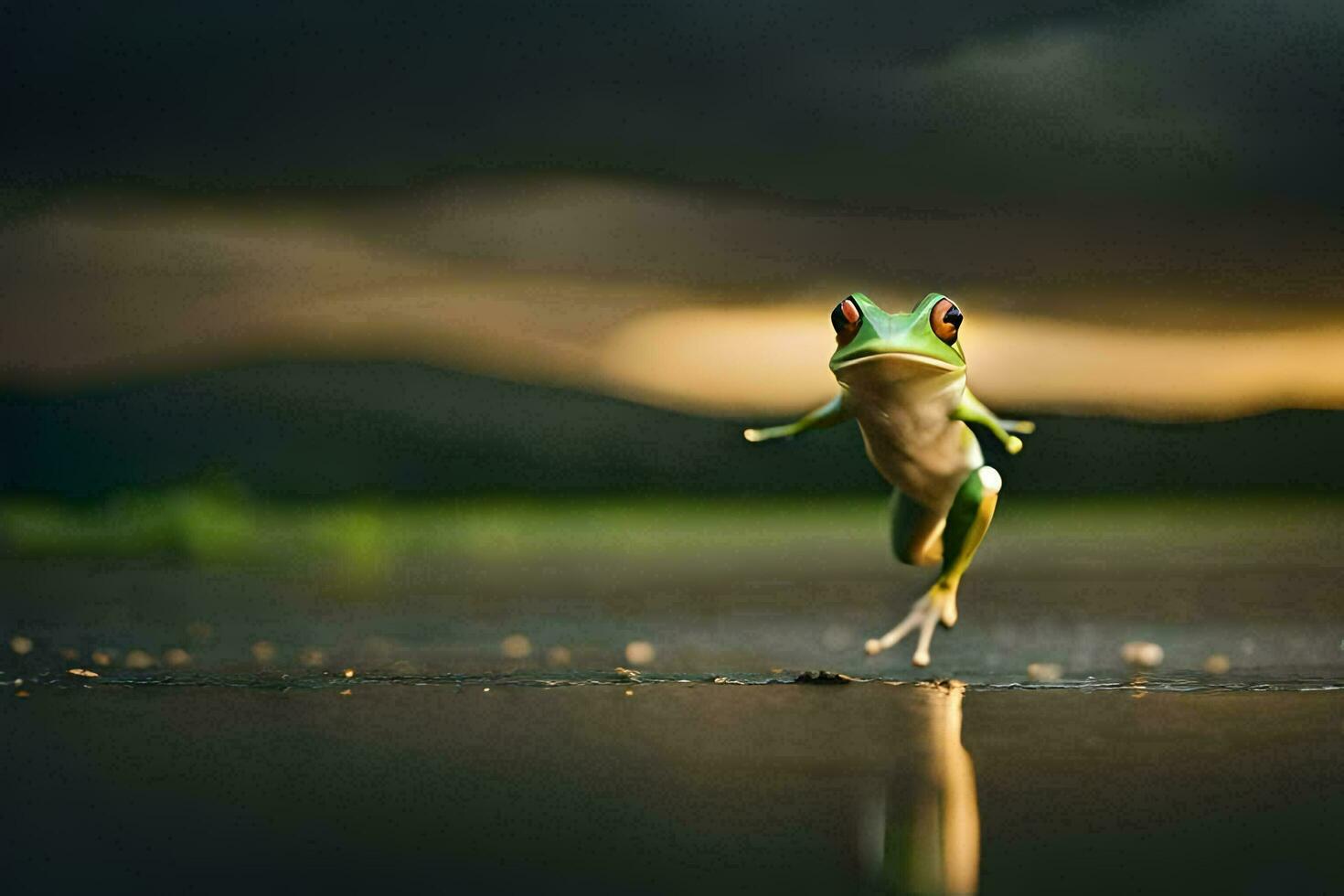 une grenouille sauter dans le air sur une humide surface. généré par ai photo