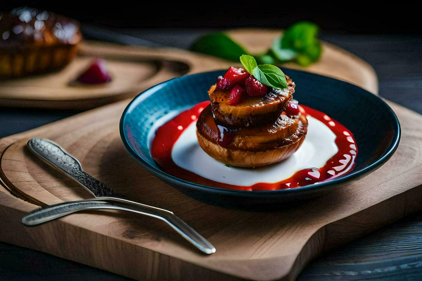 une assiette avec une dessert sur il. généré par ai photo