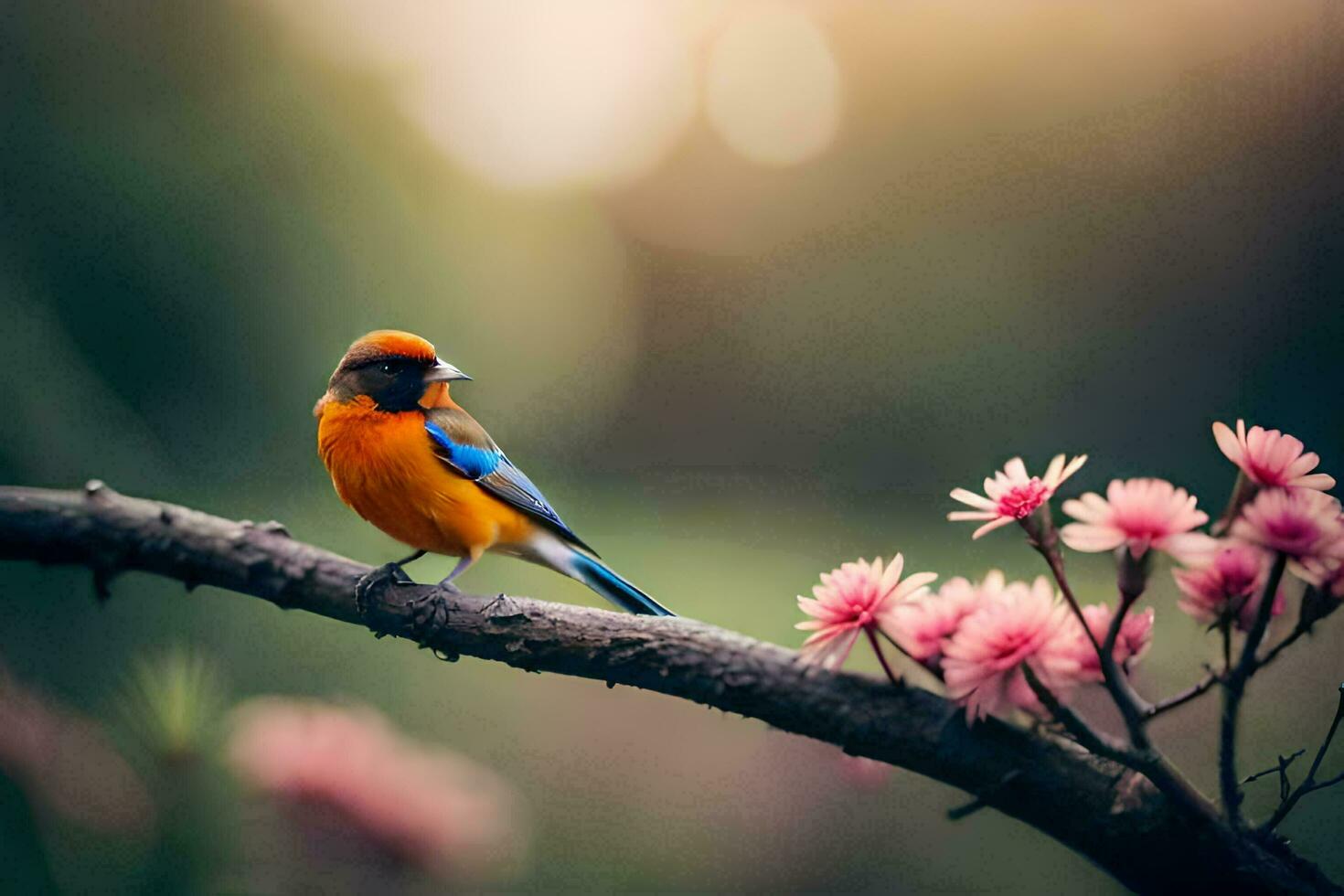 une coloré oiseau est assis sur une branche avec rose fleurs. généré par ai photo