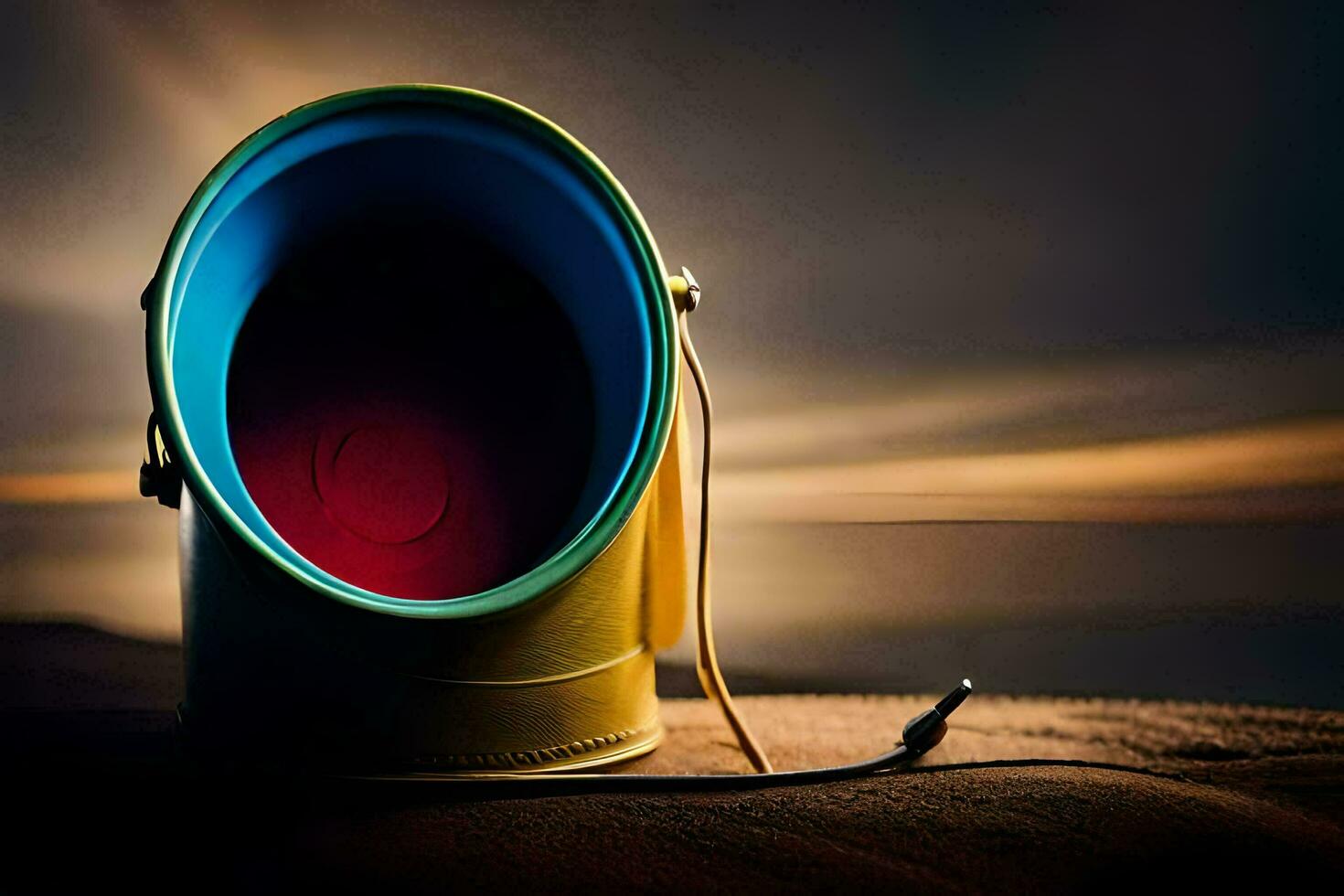 une seau avec une rouge et bleu couvercle séance sur une plage. généré par ai photo