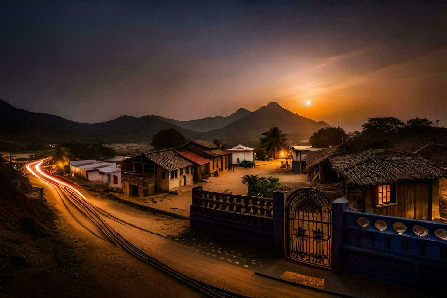 le Soleil ensembles plus de une village dans le montagnes. généré par ai photo