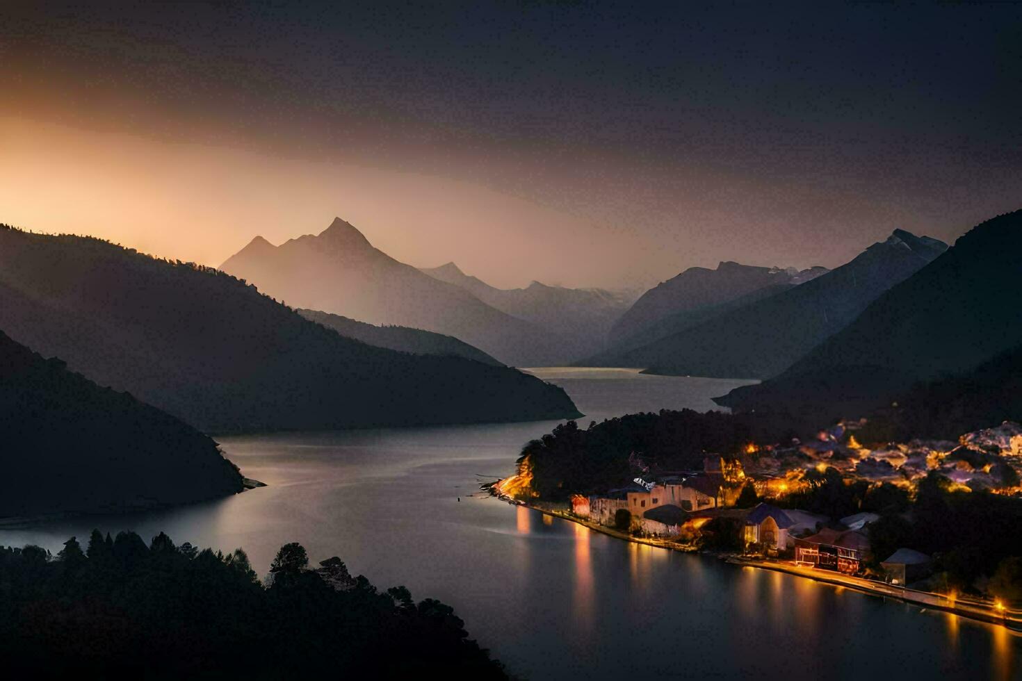 une ville est assis sur le bord de une Lac entouré par montagnes. généré par ai photo