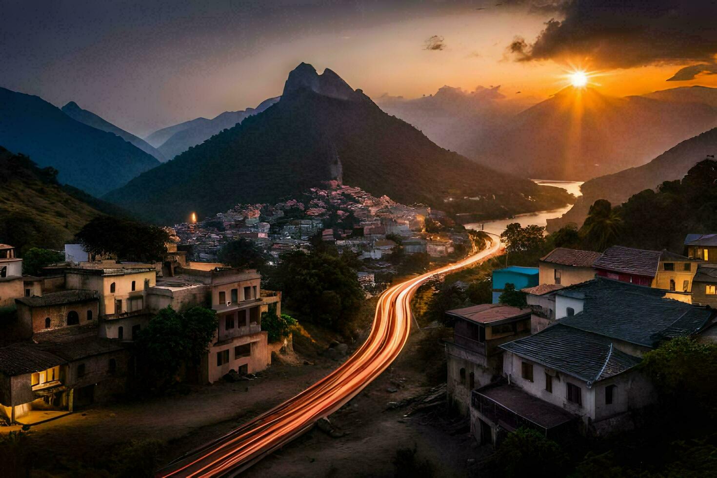 photo fond d'écran le ciel, montagnes, route, village, coucher de soleil, le Soleil. généré par ai