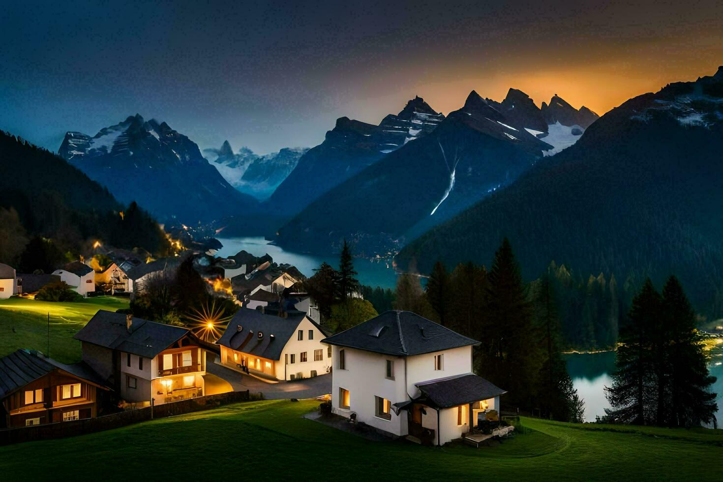 photo fond d'écran le ciel, montagnes, loger, lac, le nuit, le montagnes, le maison. généré par ai