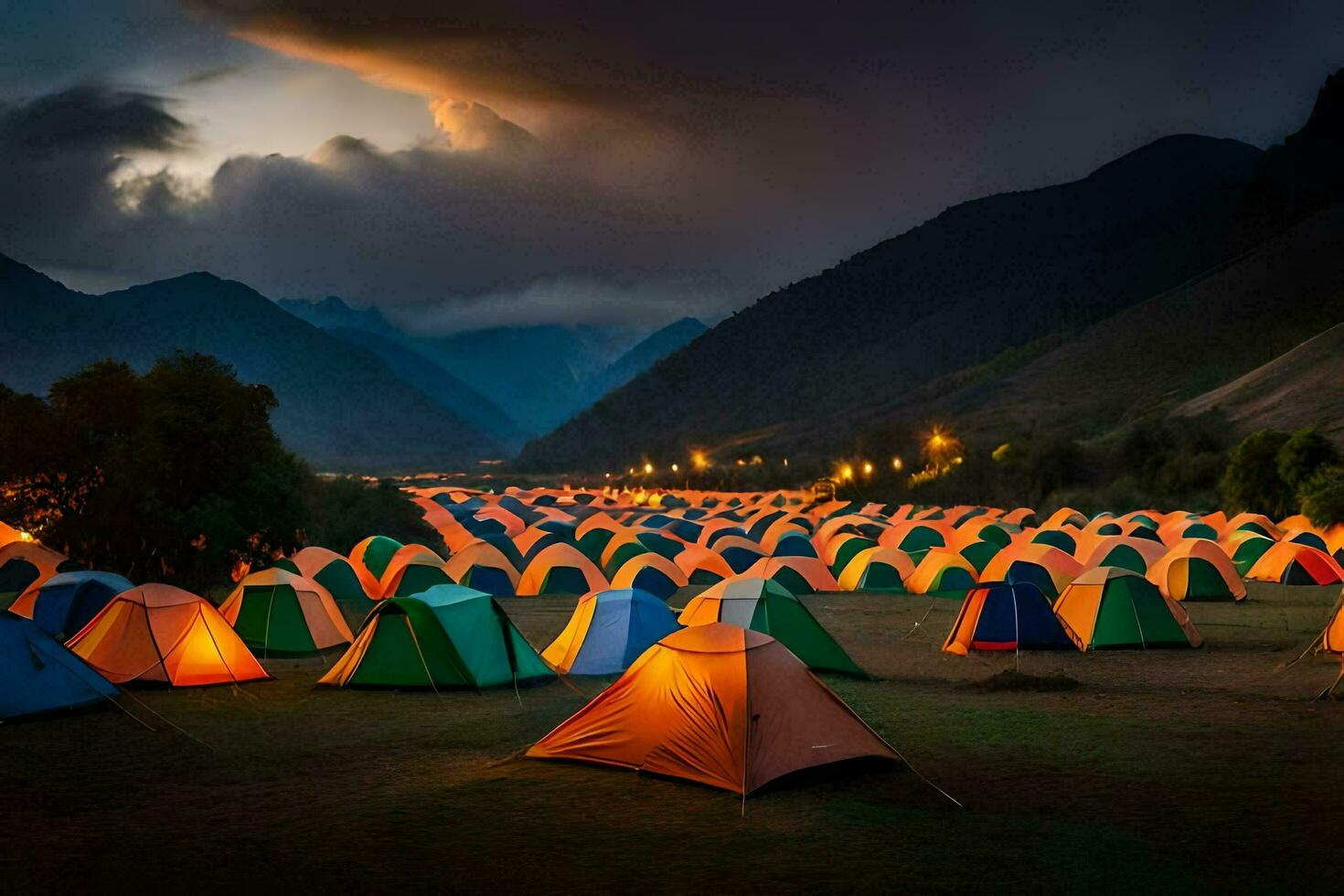 beaucoup tentes sont allumé en haut dans le foncé à nuit. généré par ai photo