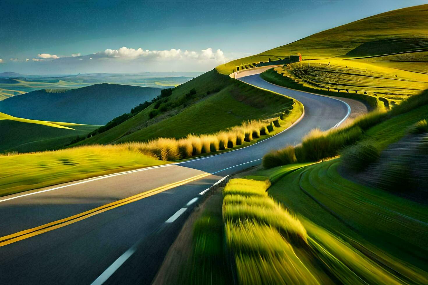 une enroulement route dans le collines. généré par ai photo