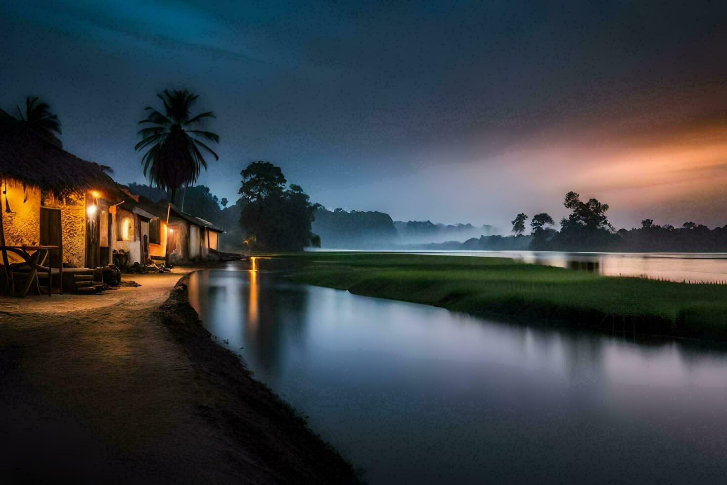 une rivière à crépuscule avec Maisons et paume des arbres. généré par ai photo