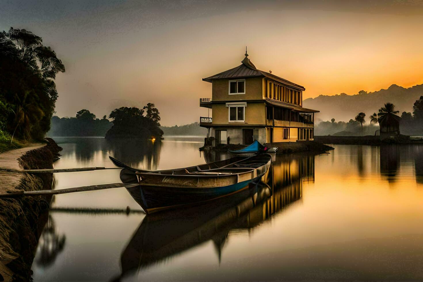 une bateau est assis sur le l'eau à le coucher du soleil. généré par ai photo