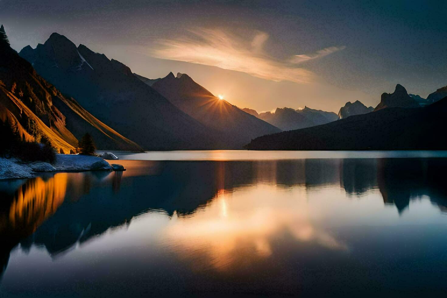 le Soleil monte plus de une Montagne Lac dans le montagnes. généré par ai photo