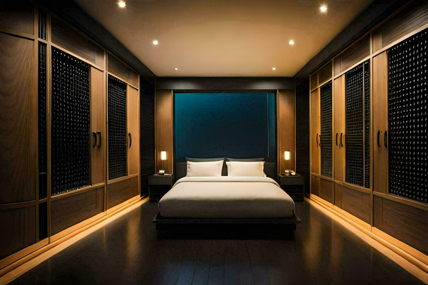 une chambre avec une lit et en bois des murs. généré par ai photo