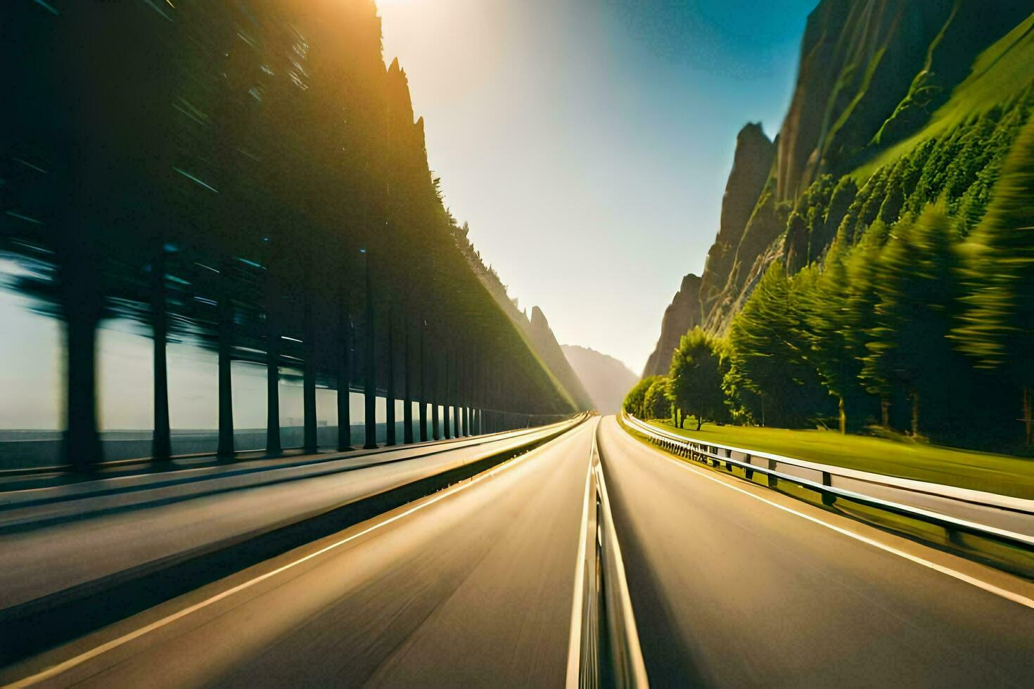 une floue image de une route avec des arbres et montagnes. généré par ai photo