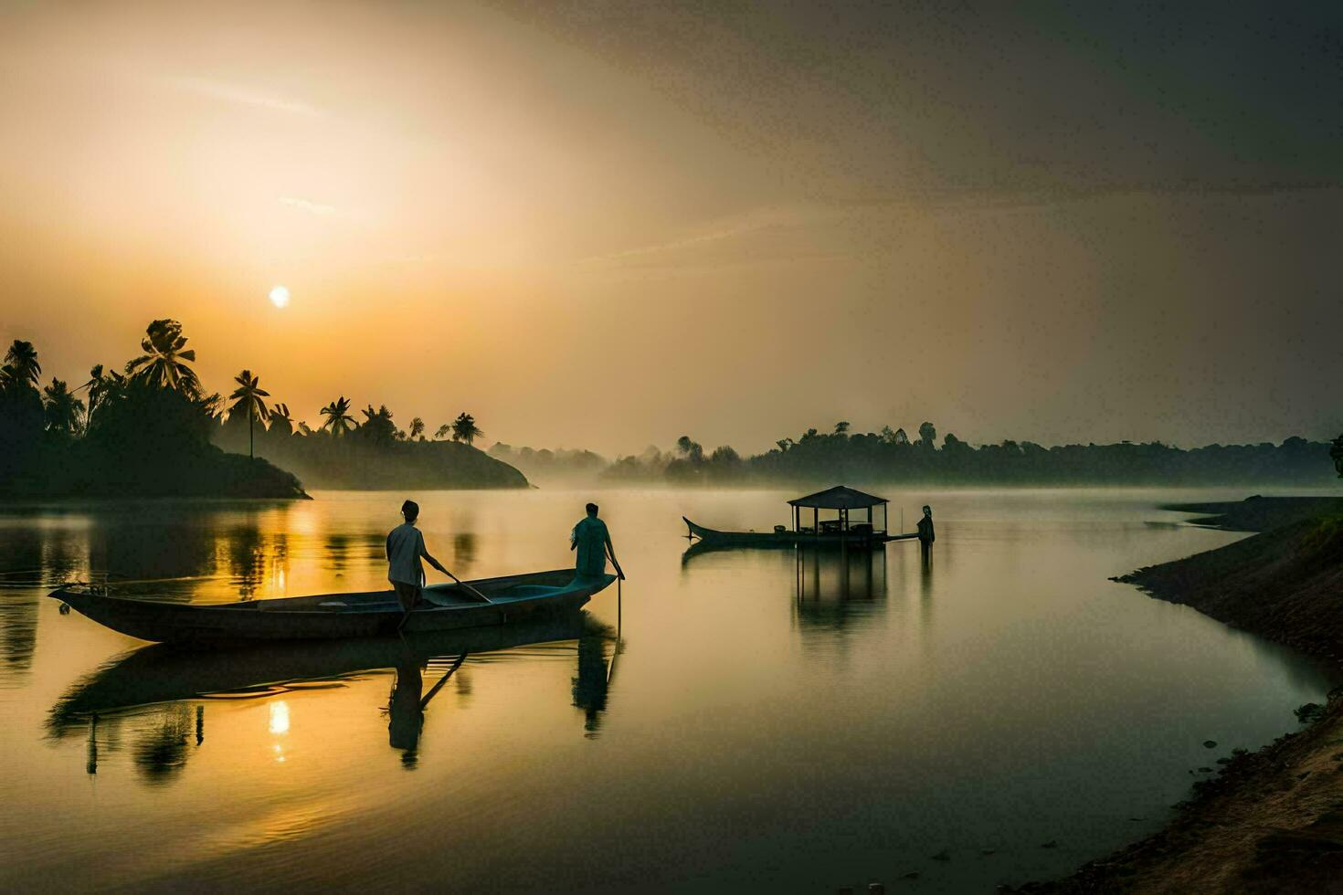 deux Hommes dans une bateau sur le rivière à lever du soleil. généré par ai photo