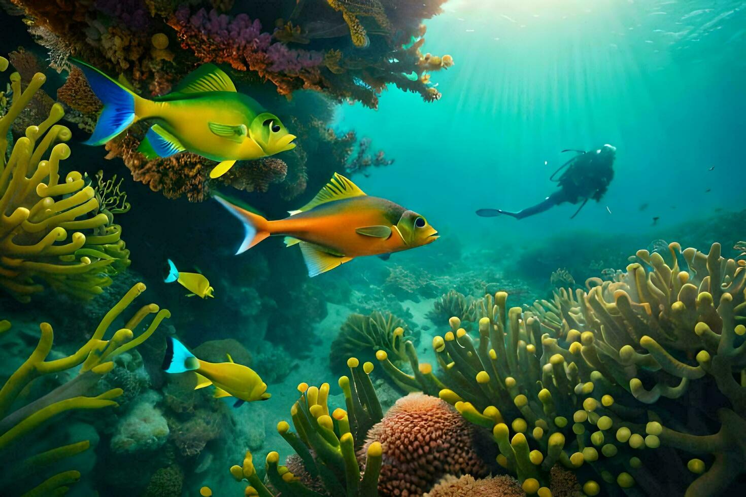 une plongeur est nager dans le océan avec corail et poisson. généré par ai photo