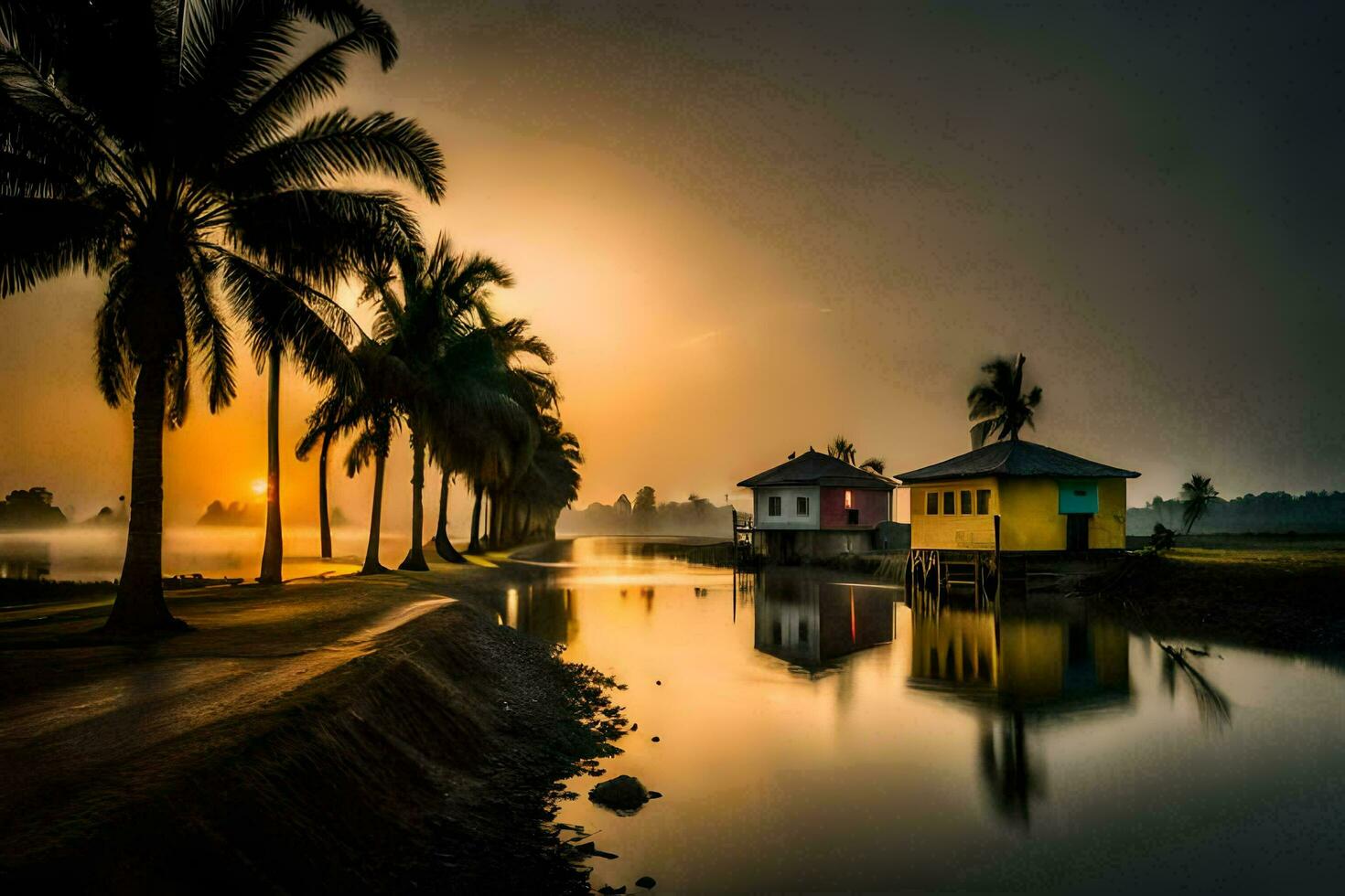 une rivière avec paume des arbres et Maisons à le coucher du soleil. généré par ai photo