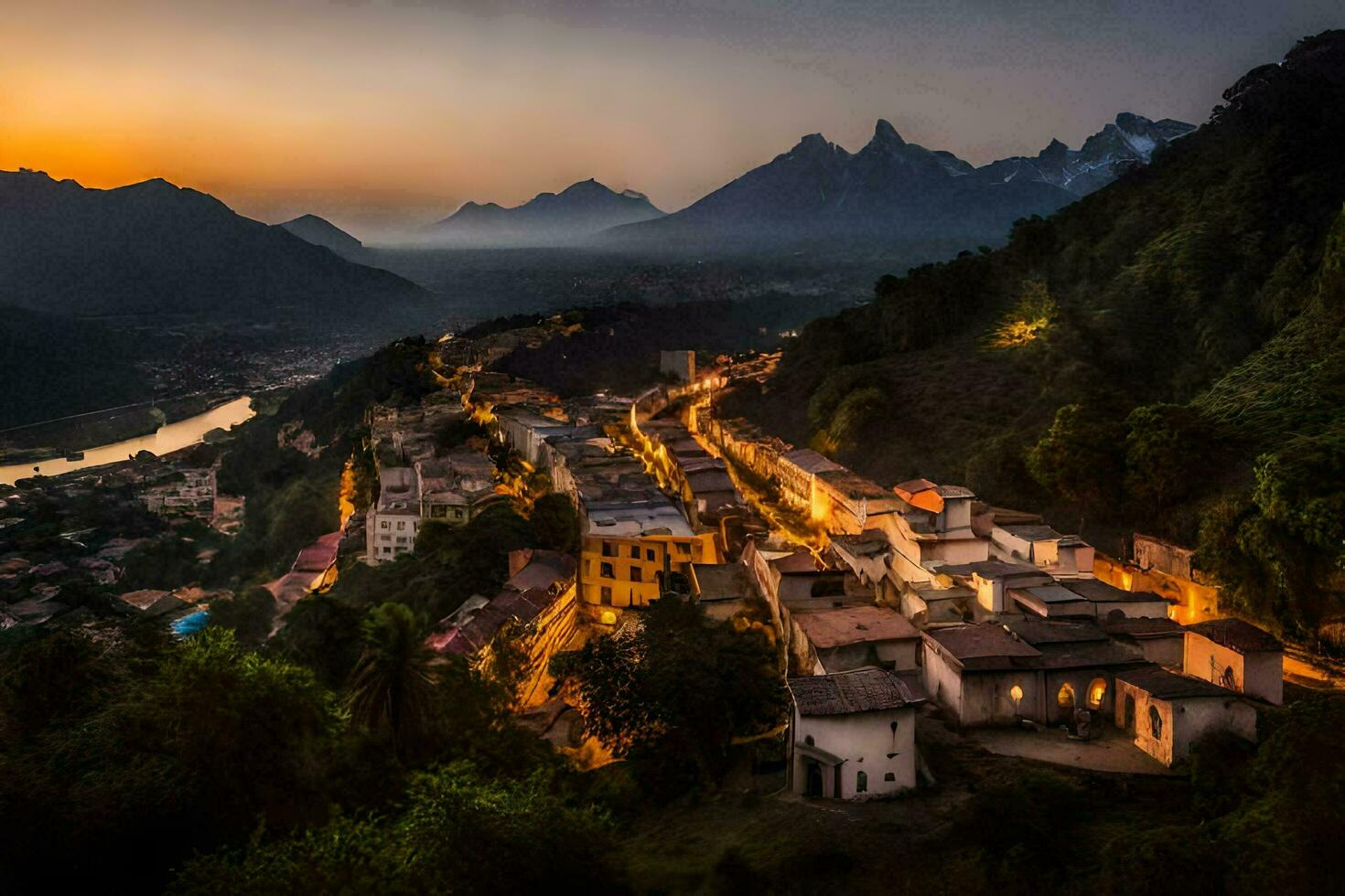 le Soleil ensembles plus de une ville dans le montagnes. généré par ai photo