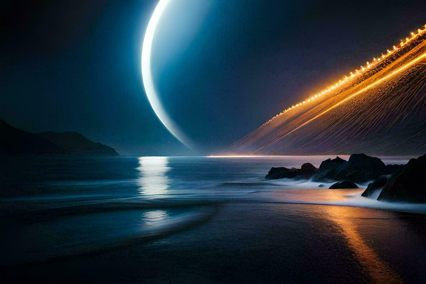 une longue exposition photographier de une éclairé par la lune plage. généré par ai photo