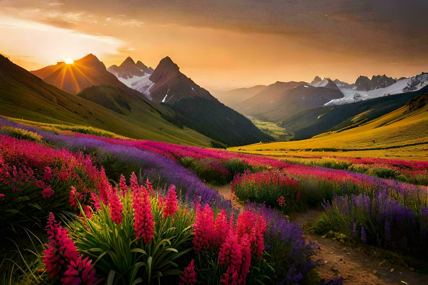 le Soleil ensembles plus de une champ de violet fleurs. généré par ai photo