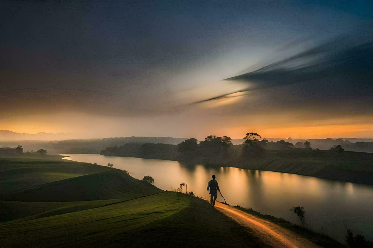 une homme des promenades le long de une chemin près une rivière à le coucher du soleil. généré par ai photo