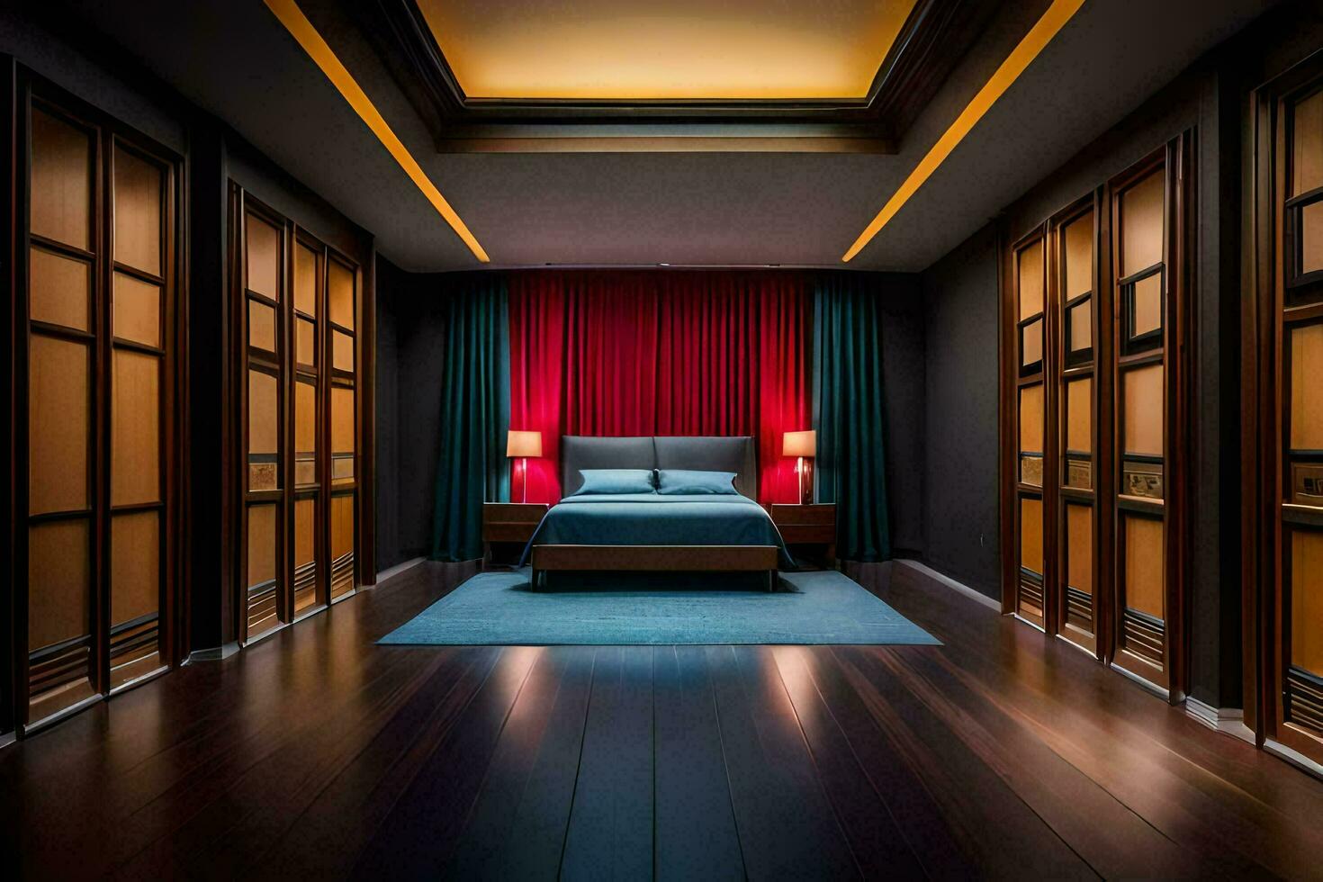 une chambre avec en bois planchers et rouge rideaux. généré par ai photo